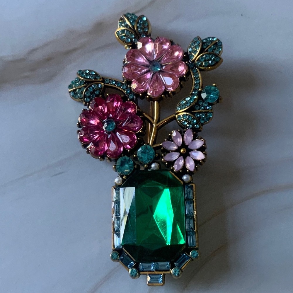 Vintage Crystal Flower Vase Brooch Pin Green Pink Rhinestone Bouquet 2.5"